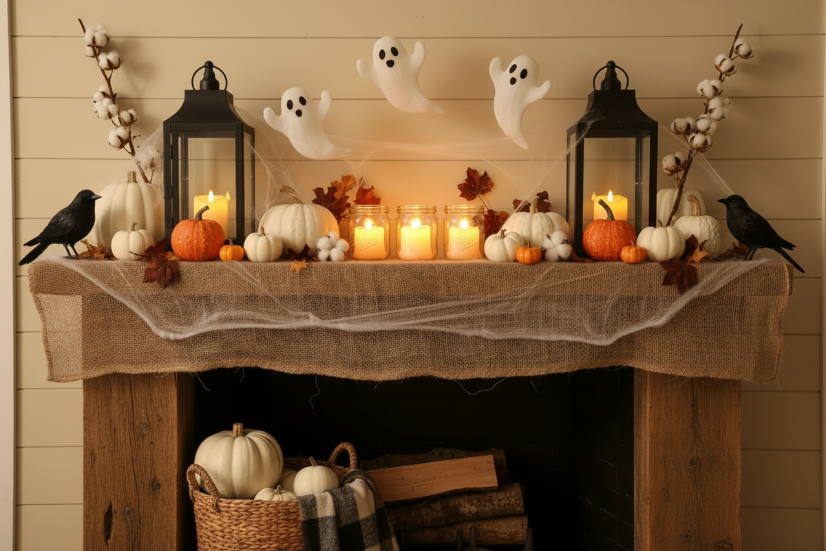 Farmhouse Halloween Mantle with Pumpkins and Ghosts