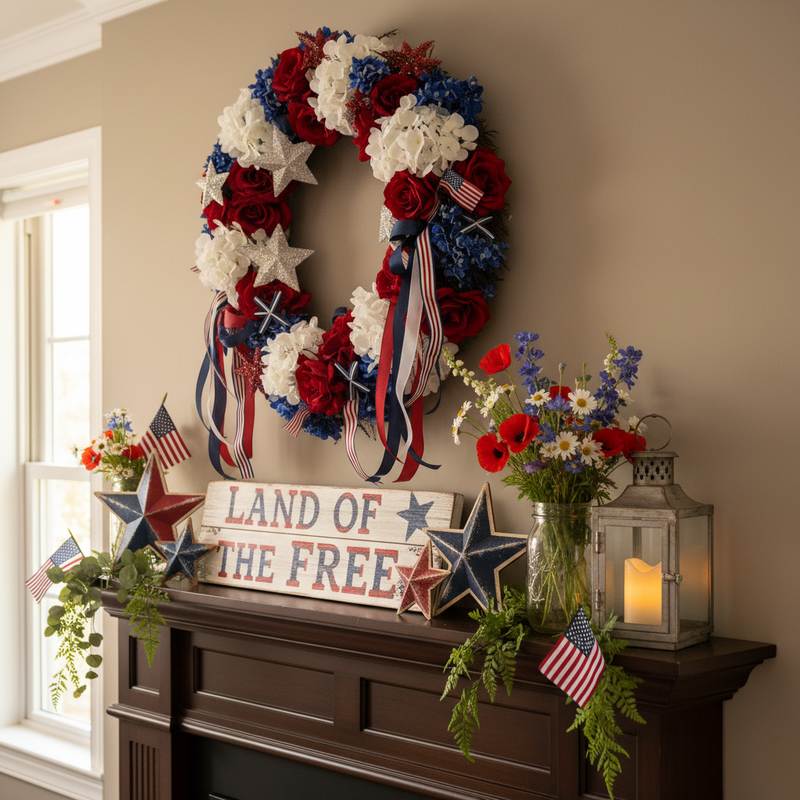 Patriotic Wreath over Mantle with Hand-Painted Decor