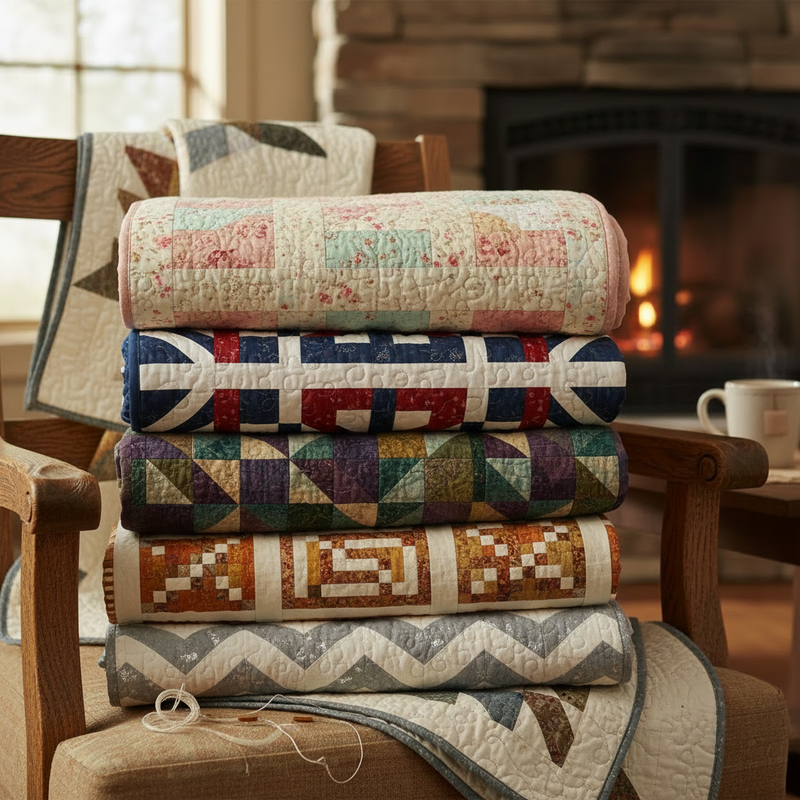 Stack of Quilts with Different Color Schemes